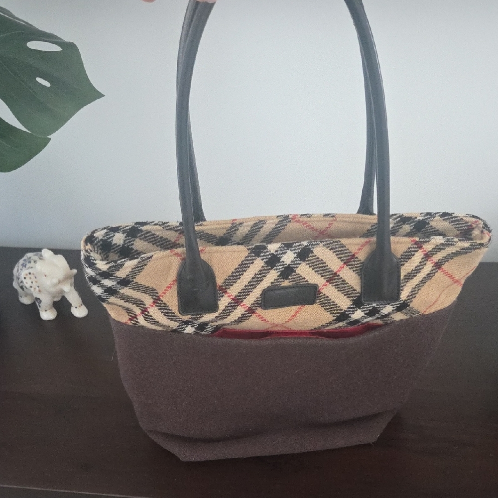Burberrys Of London Blue Label Plaid and Brown Wool Tote Bag